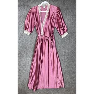 Vintage Louise D Wrap Robe Womens Size‎ Medium Pink White Lace Trim Pocket USA